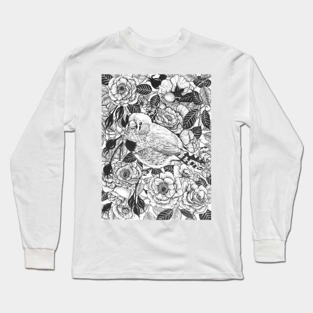 Zebra finch and rose bush ink drawing Long Sleeve T-Shirt by katerinamk